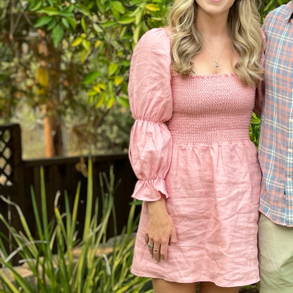 Reformation mini linen pink dress with long sleeves!